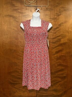 PERCEPTIONS Cap Sleeve Smocked A-Line Dress Womens L Red & Blue Floral Knit NWT